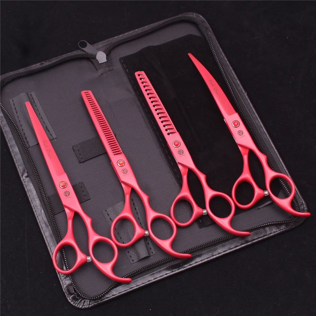 7-Inch (17.8 cm) Japanese 440C Pet Grooming Scissors Set — Straight 7 in, Curved 7 in, Thinning 6.5 in (16.5 cm) for Dog & Cat Grooming with Comb & Hemostatic Forceps