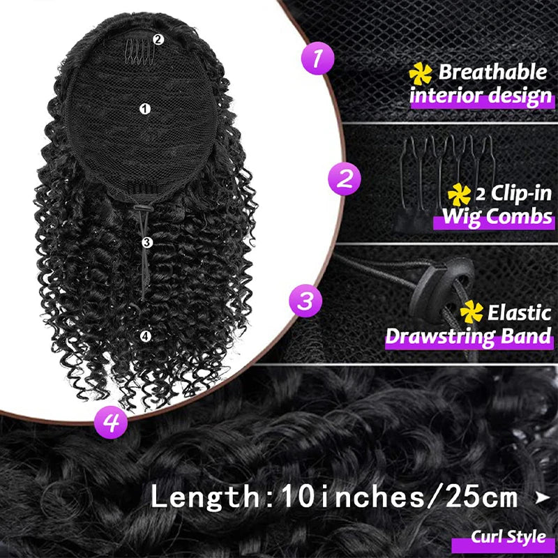 Drawstring Kinky Curly Ponytail Extension 10 inch (25 cm) - Short Afro Synthetic High-Temperature Fiber, 1-Piece