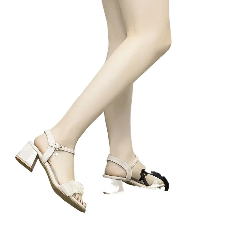 French Style Women's Crystal Mesh High-Heeled Sandals, Lightweight Soft Square Thick Heel