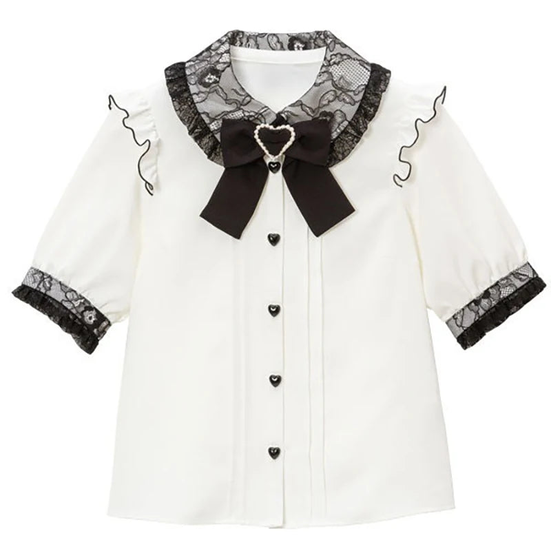 Kawaii Jirai Kei Lolita Y2K Japanese Style Peter Pan Collar Blouse Long Sleeve Sweet Bow Casual Aesthetic Top