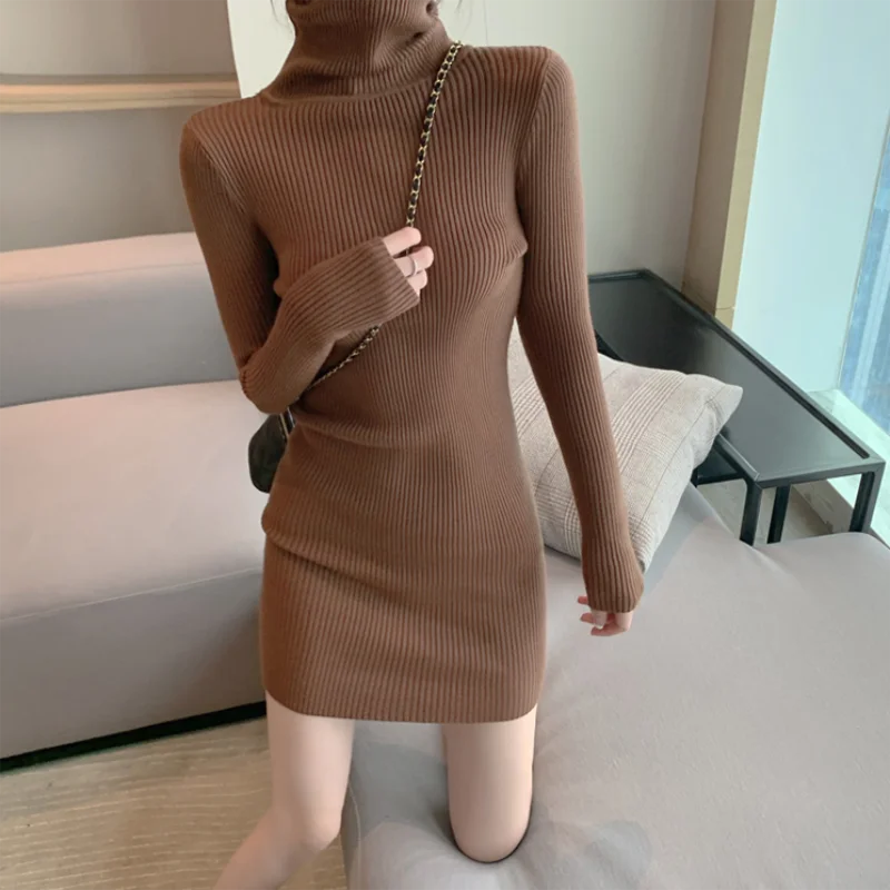 Women Autumn Winter Warm Turtleneck Bodycon Knit Mini Dress Long Sleeve Office Pullover