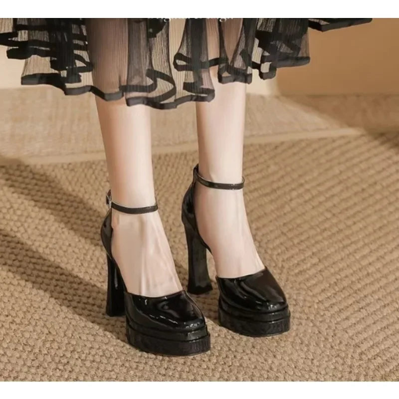 Women's Waterproof Patent PU Platform Sandals – 11 cm (4.3") Chunky Heel, Buckle Strap, White, EU 35-42