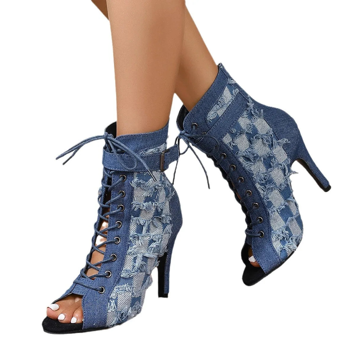 Women's Denim Latin Dance Heeled Sandals - Lace-Up Gladiator, Rubber Sole, 6–8 cm (2.4–3.1 in) Heel