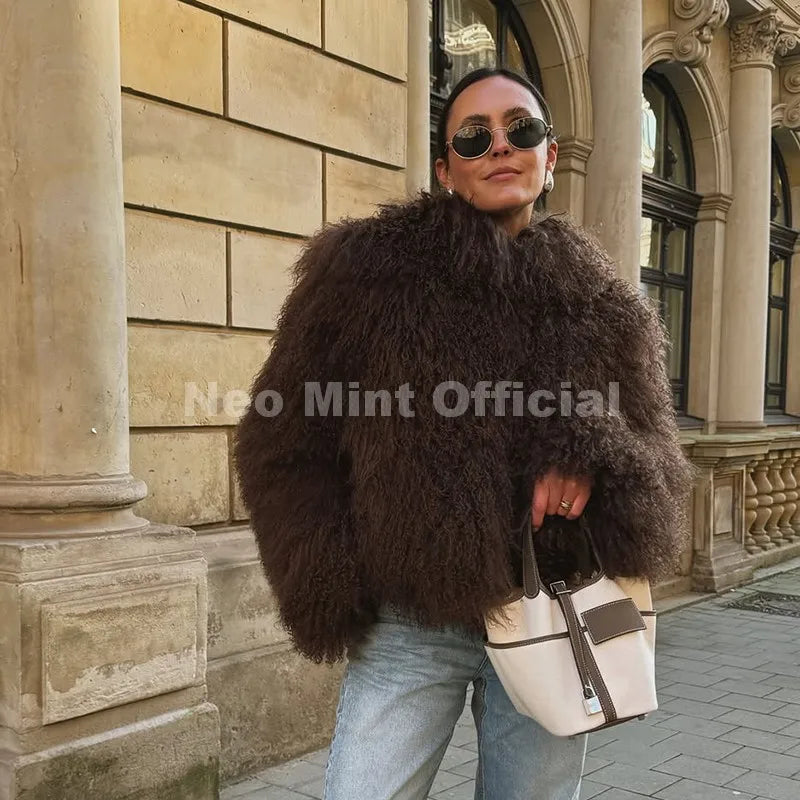 Neo Mint Faux Mongolia Sheep Fur Coat for Women Fluffy Warm Chic Streetwear Outerwear
