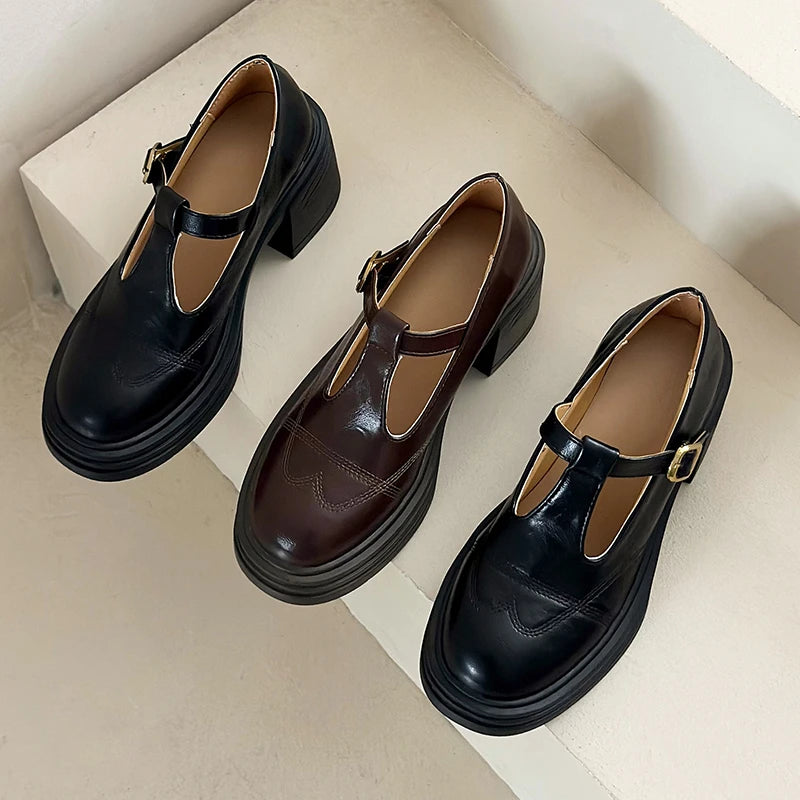 Women's T-Strap Mary Jane Pumps Chunky Square Heel 2–3 in (5–8 cm) Platform PU Round-Toe Buckle
