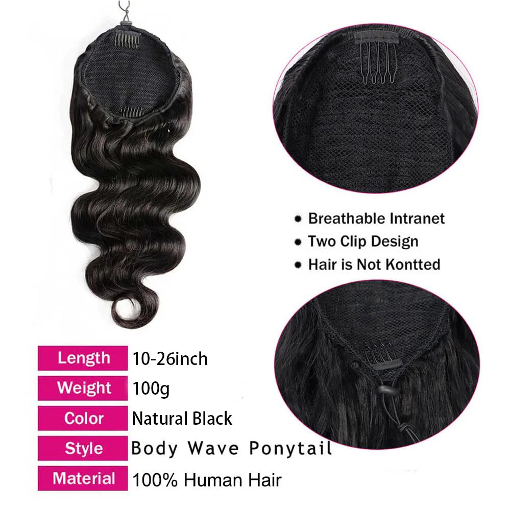 Body Wave Drawstring Ponytail Clip-In 100% Brazilian Remy Human Hair, Natural Color