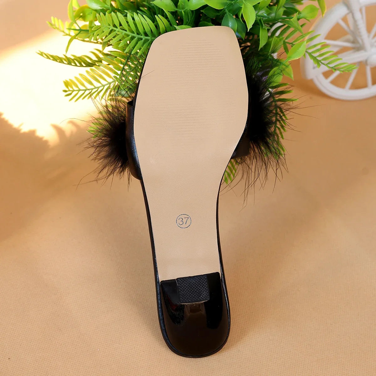 Women's Black Feather-Trim High Heel Sandals - Casual Strappy High Heels