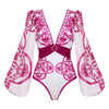 Women's Long Sleeve Majolica Print Bikini Set with High-Waist Skirt - Wire-Free Padded Beach Swimsuit