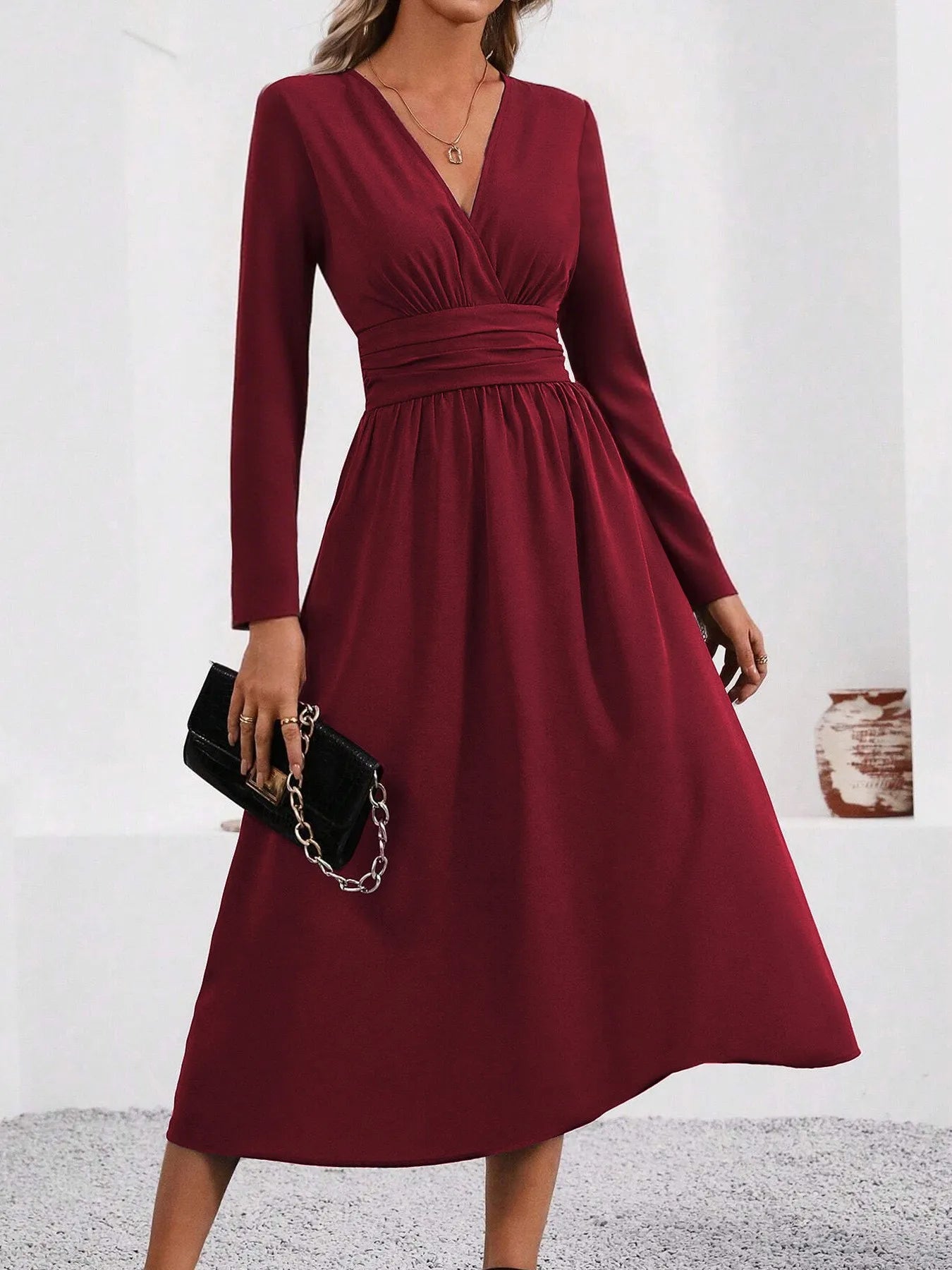 Women's Knit V-Neck Long Sleeve Midi Maxi Dress with Shirred Waist - Fall/Winter Solid Color