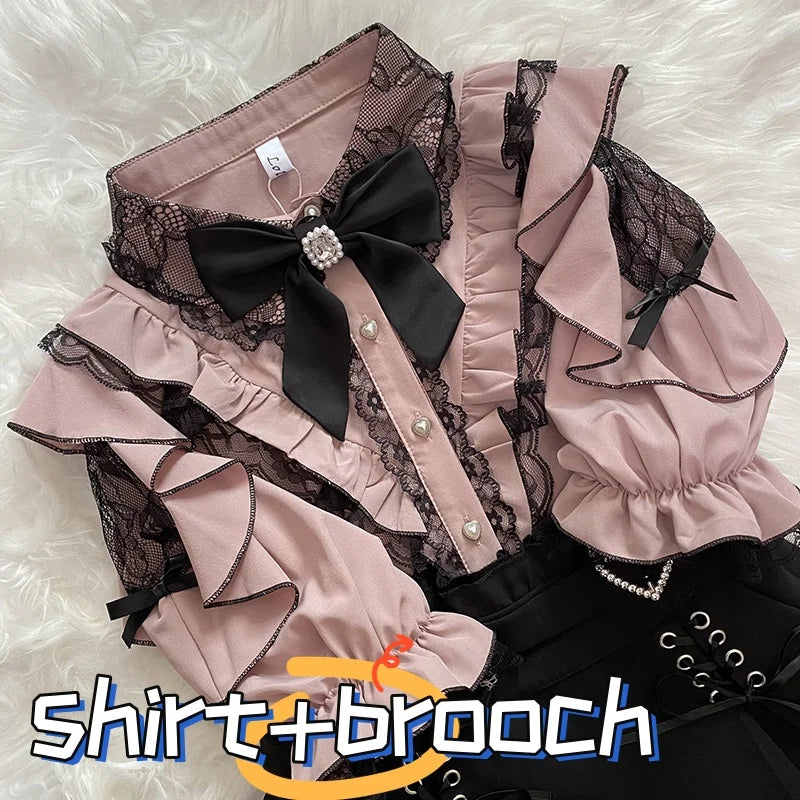 Kawaii Jirai Kei Lolita Y2K Japanese Style Blouse with Peter Pan Collar Long Sleeve Sweet Aesthetic Top for Women