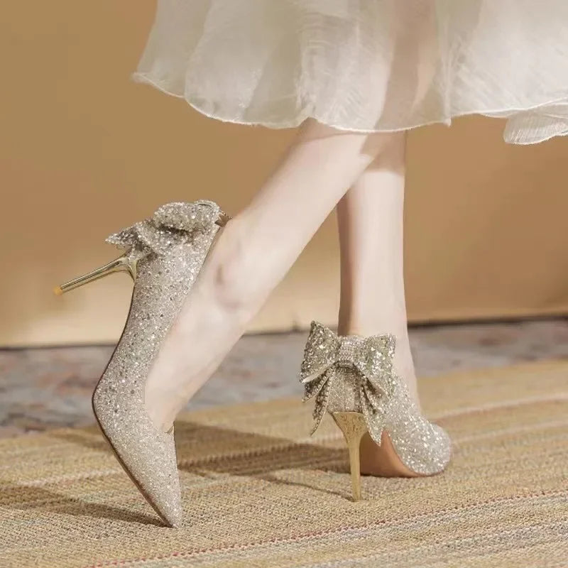 Women's Silver Ribbon Rhinestone Stiletto Pumps Pointed Toe High Heels Lightweight (EU 34-43)