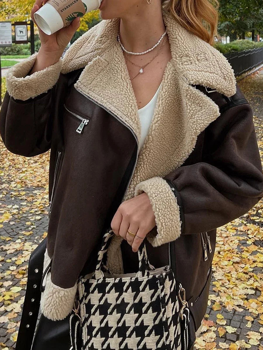 Women's Faux Lamb Fur Short Leather Bomber Jacket – Lapel Zipper Aviator Biker Coat