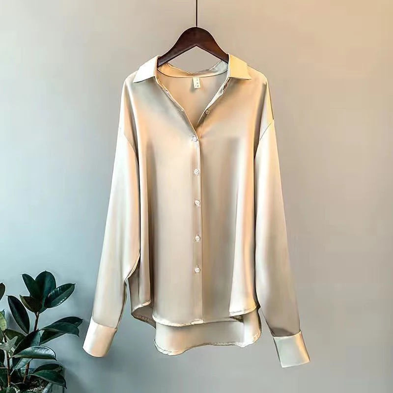 Women's Satin Button-Front Blouse — Korean Long Sleeve Casual Office Top, Slim Fit