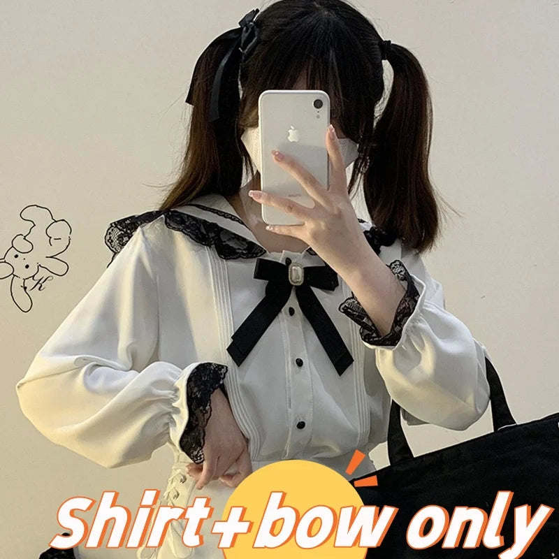 Kawaii Jirai Kei Lolita Y2K Japanese Style Peter Pan Collar Blouse Long Sleeve Sweet Bow Casual Aesthetic Top