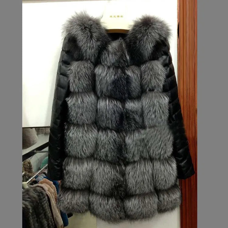 Women's Patchwork Faux Fox Fur Cardigan with Faux Leather Sleeves Thick Warm Streetwear Coat