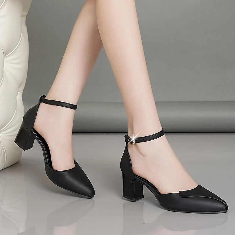 Women's Pointed T-Strap High Heels - PU Buckle Pumps with Thin Heel (5-8 cm / 2-3 in) Party Dress Sandals