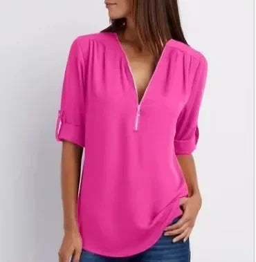 Women's Loose V-Neck Chiffon Blouse with Zipper Pullover — Casual Plus Size