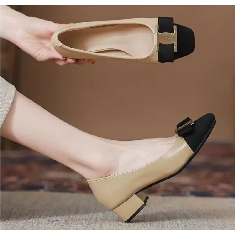 Korean-Style Women's Bow Mid-Heel Pumps - PU Leather Square Toe Block Heel (3-5 cm / 1.2-2 in)