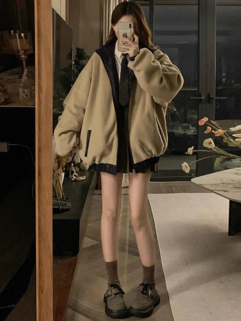 Reversible PU Leather Jacket with Lambswool Lining – Velvet & Cotton-Padded Women's Winter Biker Coat, Patchwork Streetwear