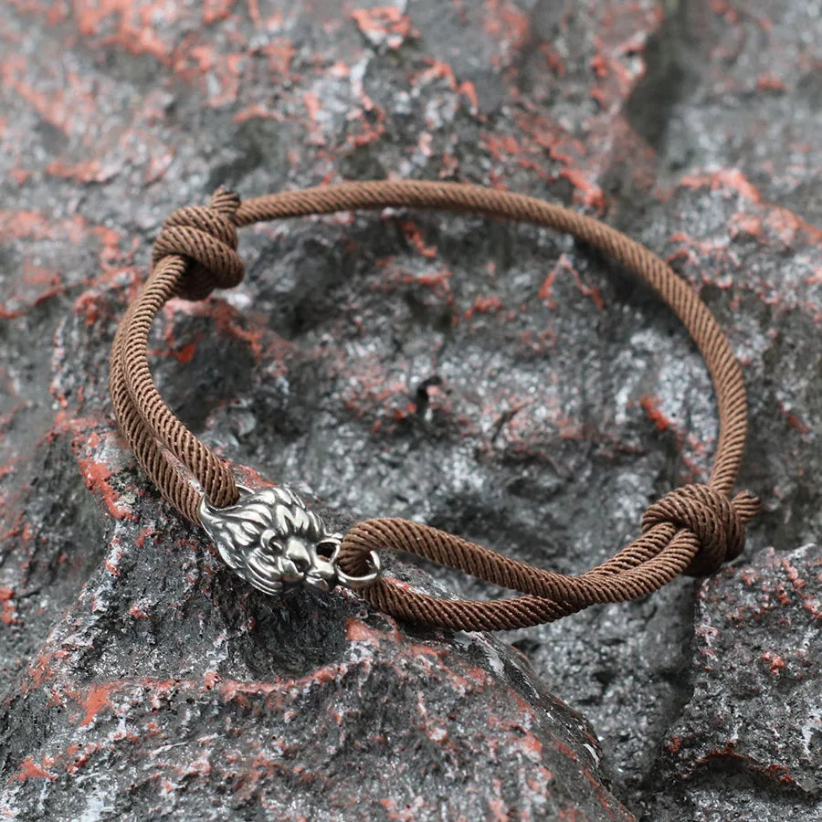 Gothic Lion Head Stainless Steel & Red String Bracelet - Handmade Adjustable Men's Punk Hip Hop Gift