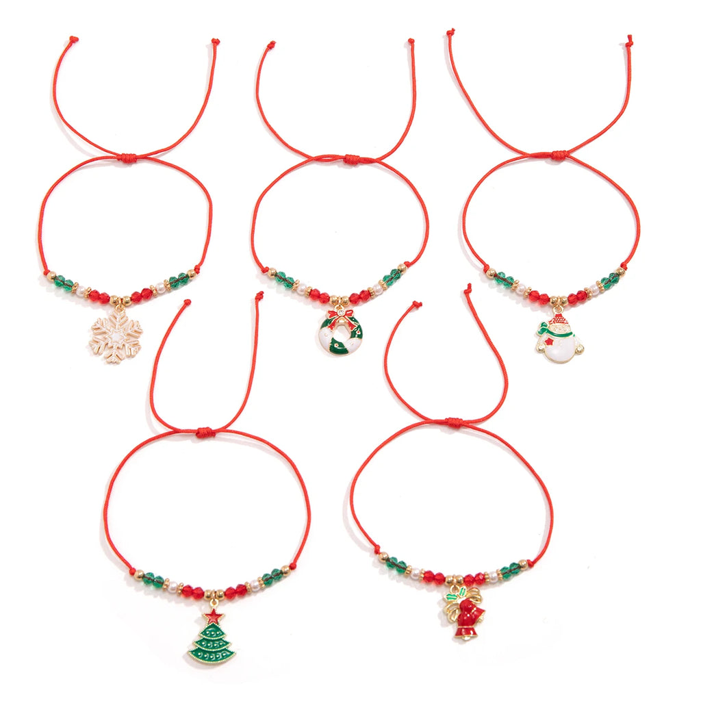 KunJoe 5-Pack Christmas Snowflake & Tree Crystal Charm Bracelets for Women – Adjustable CCB Bead Thread Rope