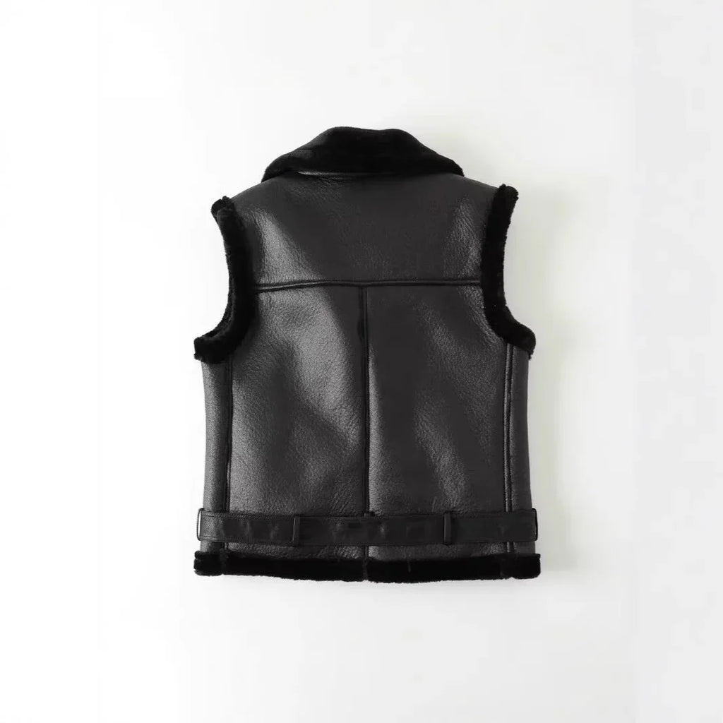 Women's Faux Leather Vest with Faux Fur Lining — Sleeveless Zip-Up Waistcoat, Warm Autumn/Winter Motorcycle Style