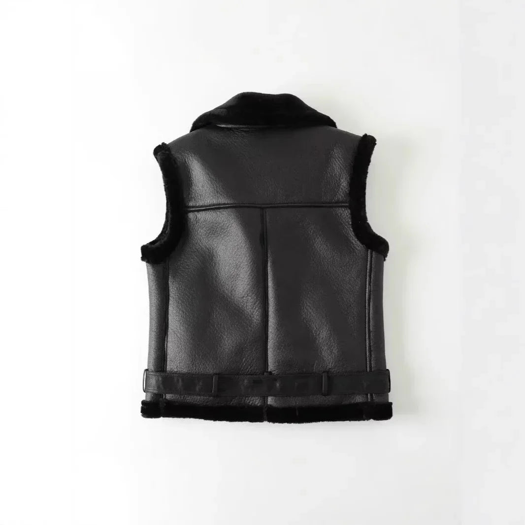 Women's Faux Leather Vest with Faux Fur Lining — Sleeveless Zip-Up Waistcoat, Warm Autumn/Winter Motorcycle Style