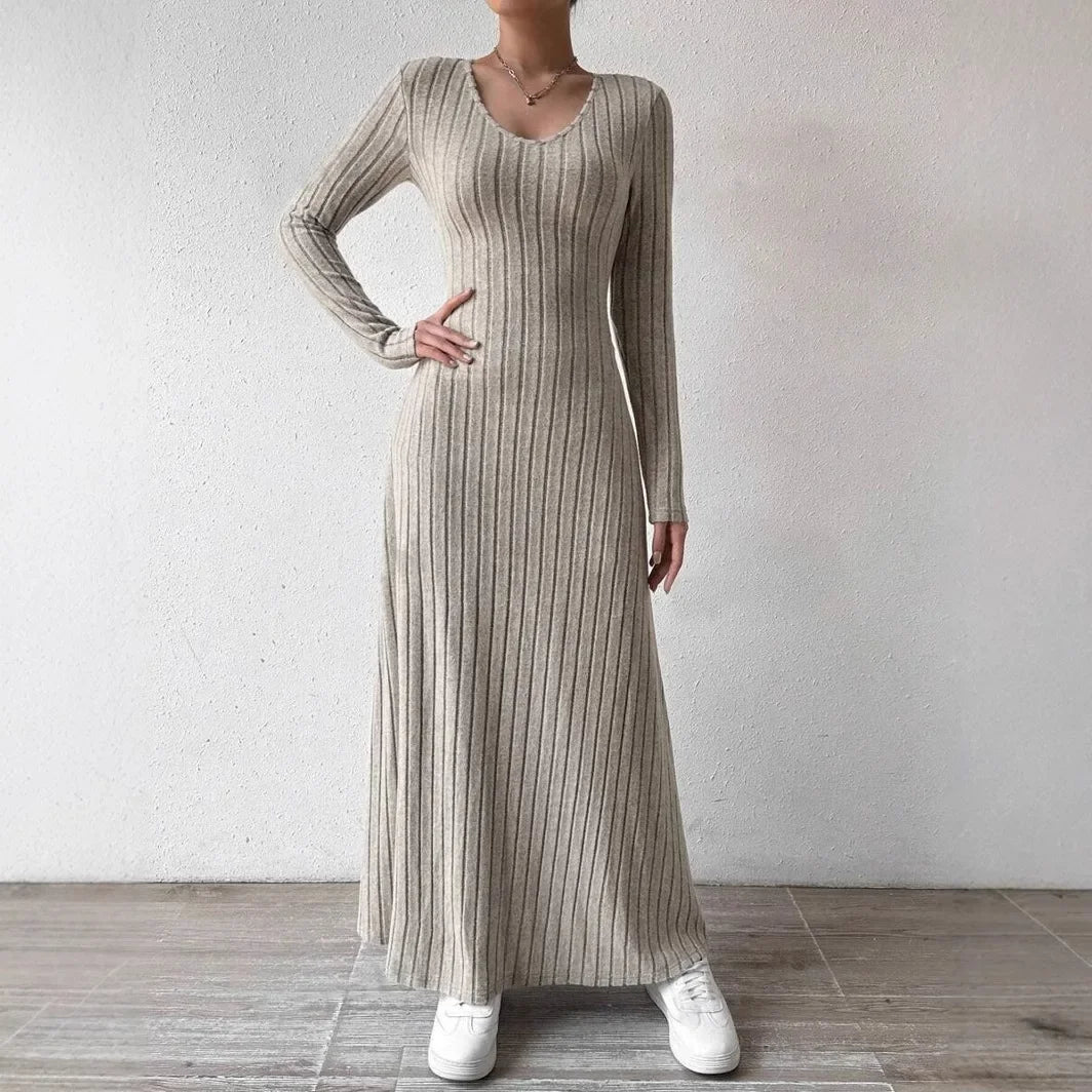 Knitted Long-Sleeve A-Line Dress — Slim Fit Solid Color Ankle-Length Streetwear for Women