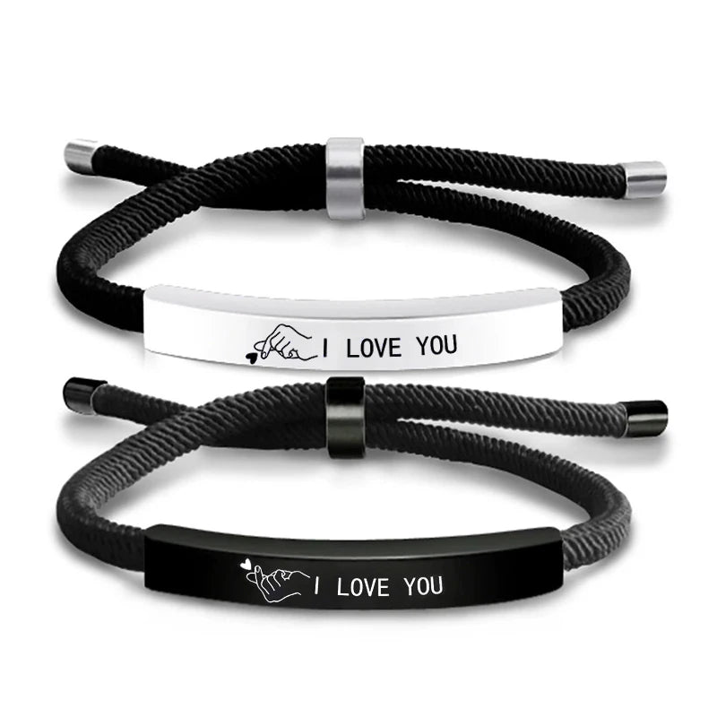 2-Pack Couple Bracelets — Stainless Steel Finger Heart Woven Rope Black & White, Adjustable Lace-Up Valentine Gift