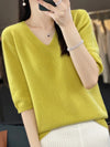 Women’s V-Neck Merino Wool Half-Sleeve Pullover – Lightweight Spring/Summer Knit Top