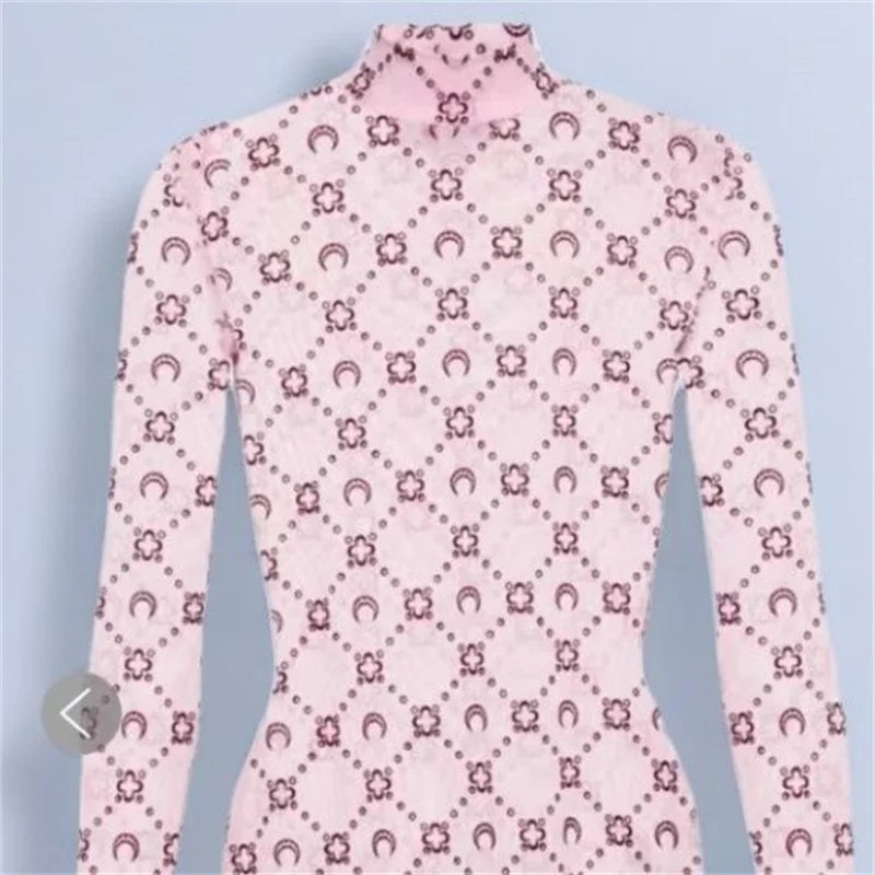 Women's Tulle Mesh Long Sleeve Sheer Blouse Moon Flocked Y2K Top