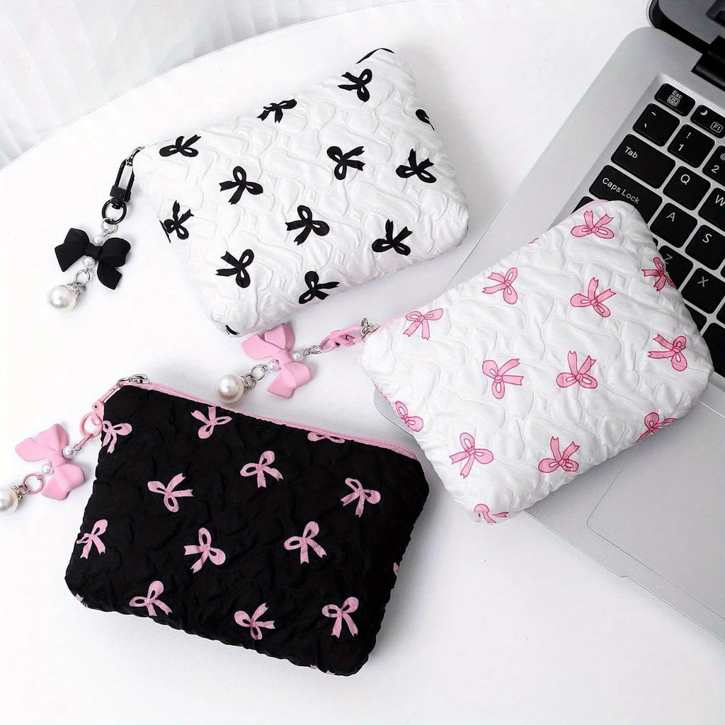 Embroidered Bow Makeup Bag – Cute Large Capacity Cosmetic Pouch & Coin Purse with Zipper