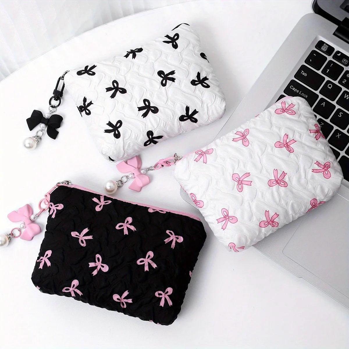 Embroidered Bow Makeup Bag – Cute Large Capacity Cosmetic Pouch & Coin Purse with Zipper
