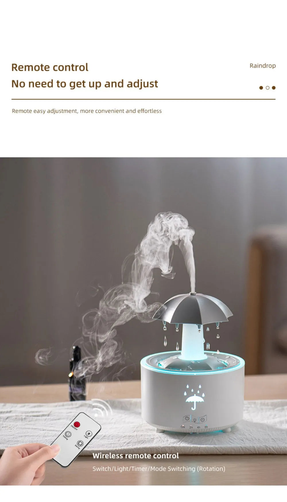 Remote-Controlled Aroma Diffuser Humidifier with RGB Night Light – UFO, Raindrop & Christmas Tree Designs for Home & Office