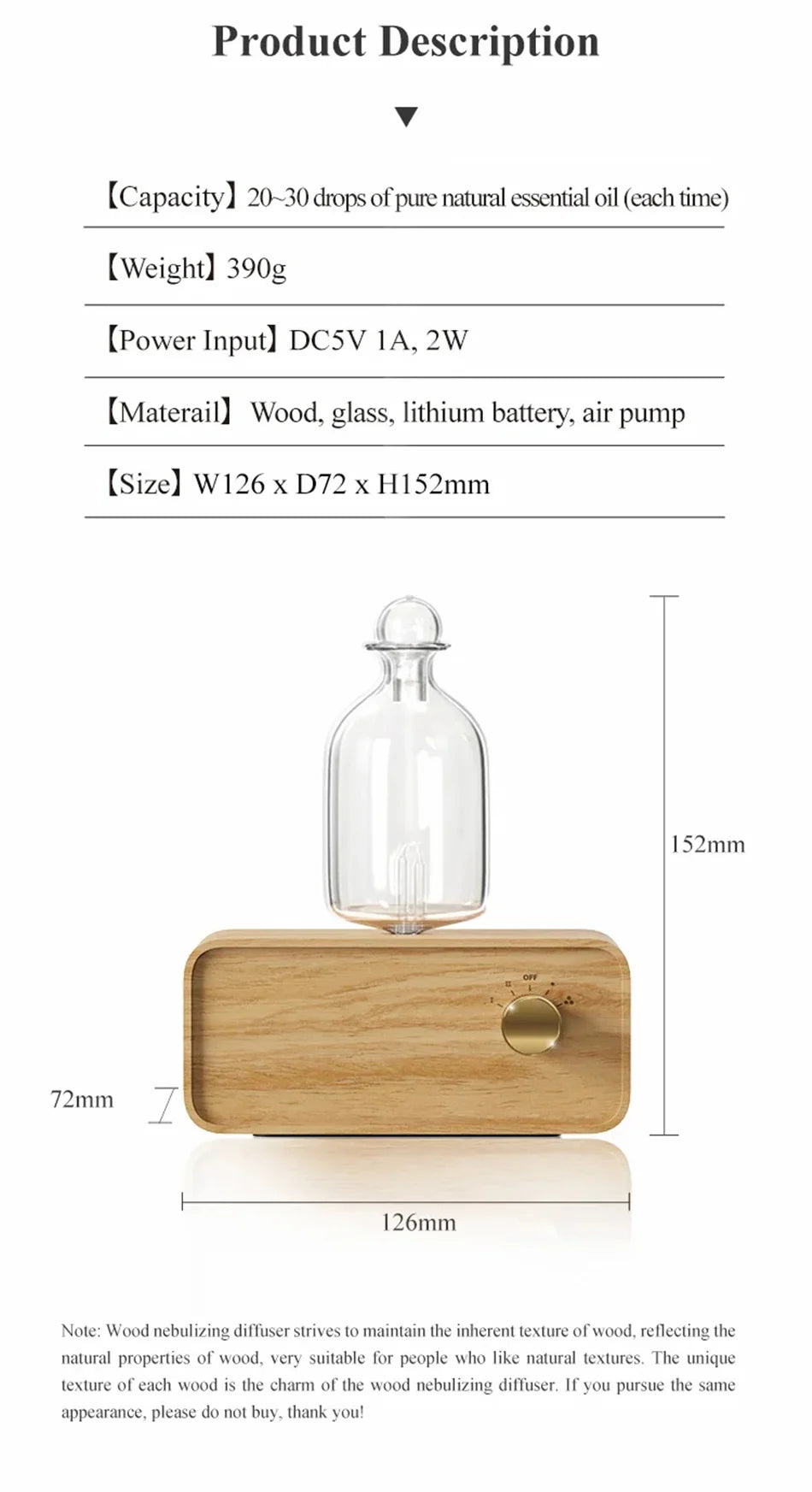 Glass Essential Oil Diffuser with Wood Grain Base — 2600mAh Nebulizer Aromatherapy for Home & Office
