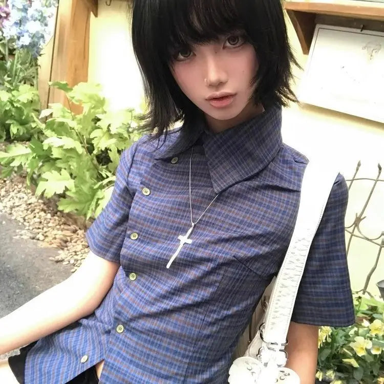 Vintage Plaid Short Sleeve Shirt for Women — Y2K Retro Japanese-Style Casual Button-Down Top