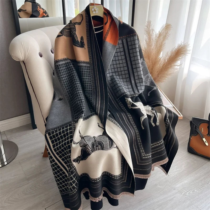 Women's Soft Cashmere Pashmina Scarf 180 x 65 cm (71 x 25.6 in) Plaid Horse Print Tassel Wrap Shawl