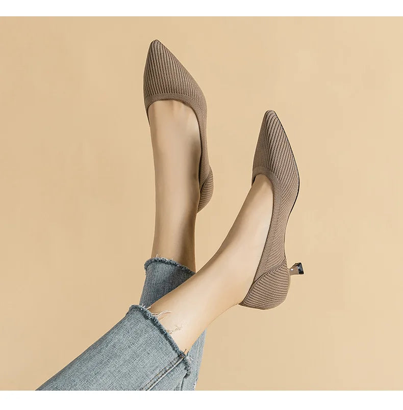 Women's Pointed-Toe Knit Slingback Pumps, Breathable Latex Insole & Anti-Slip Rubber Sole, 3.5 cm (1.38 in) Mid Heel