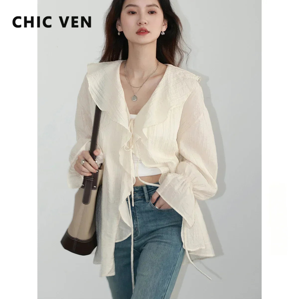 CHIC VEN Women's Loose V-Neck Lace-Up Ruffle Blouse, Mid-Length Casual Shirt with Butterfly Sleeves