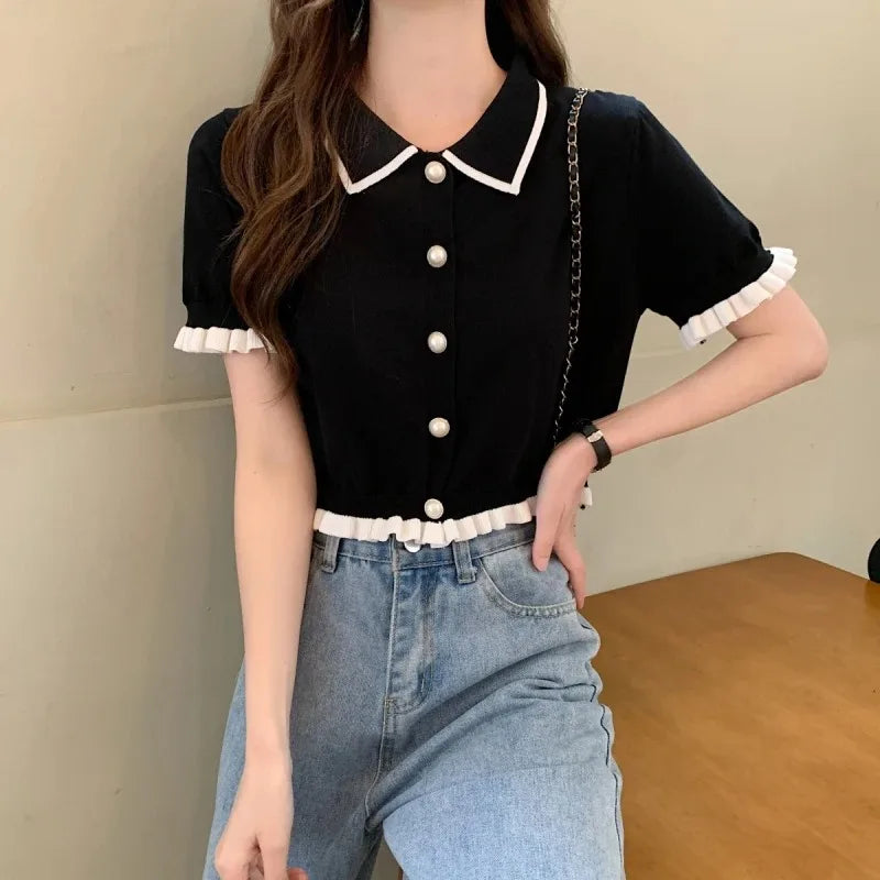 Korean Knit Turn-Down Collar Crop Blouse - Short Sleeve Slim Summer Top for Women