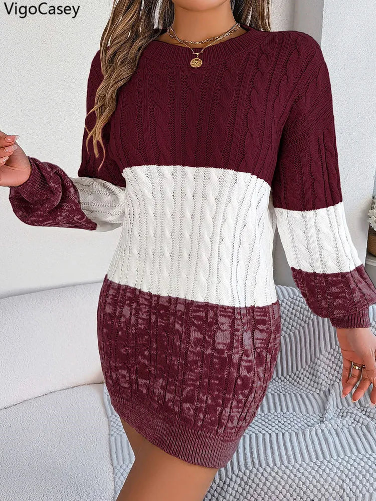 VigoCasey Patchwork Knit O‑Neck Ankle‑Length Long Sleeve Slim Dress for Women – Autumn/Winter Knit Dress