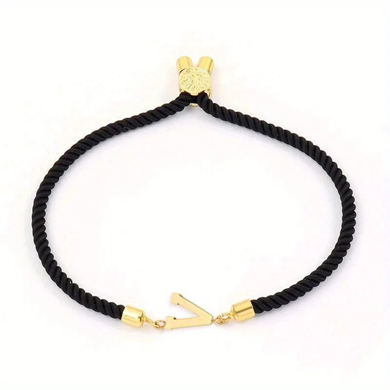 Black Letter Bead Rope Bracelet for Women – Simple Classic Hand-Knot Rope Jewelry with Stainless Steel Accent
