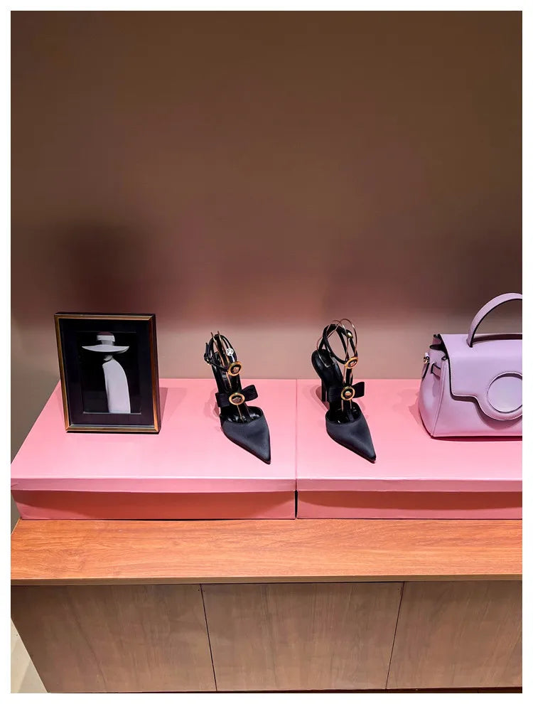 Bow Tie Pointed Toe Thin Heel Sandals for Women, Roman Straight Strap, 2.0-3.1 in (5-8 cm) Heel