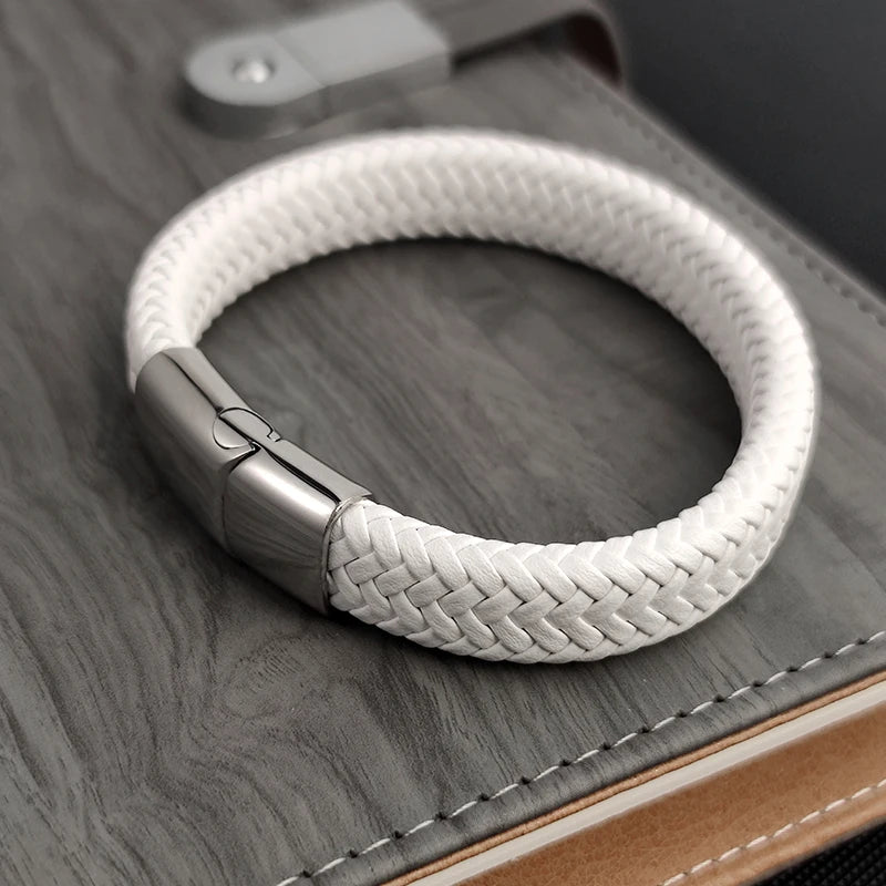 Men's White Braided Leather Bracelet with 316L Stainless Steel Double-Safety Magnetic Clasp — Sizes 18.5/20.5/22 cm (7.3/8.1/8.7 in)