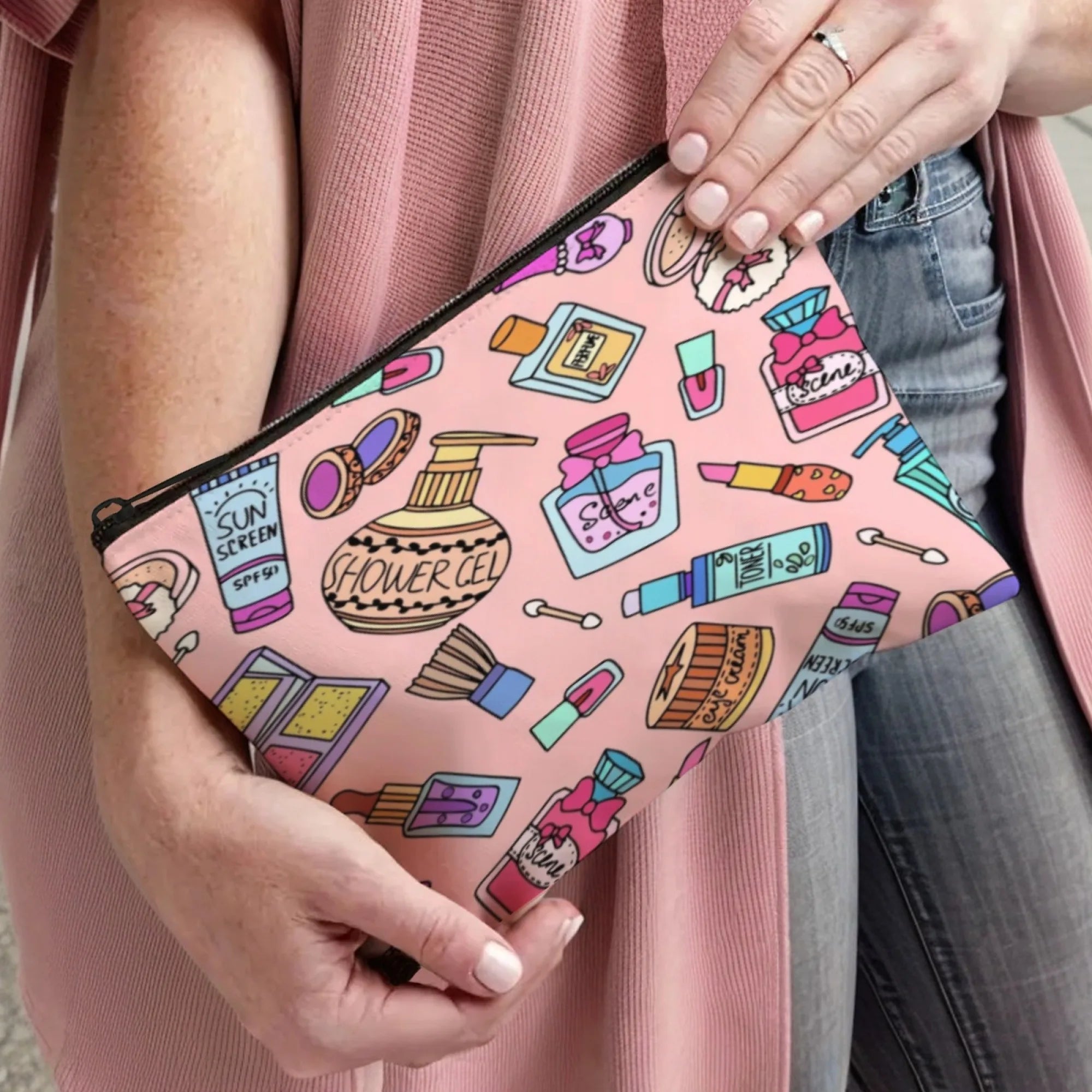 Cute Cartoon Makeup Bag — Aesthetic Large Travel Cosmetic & Toiletry Organizer Pouch for Women and Girls