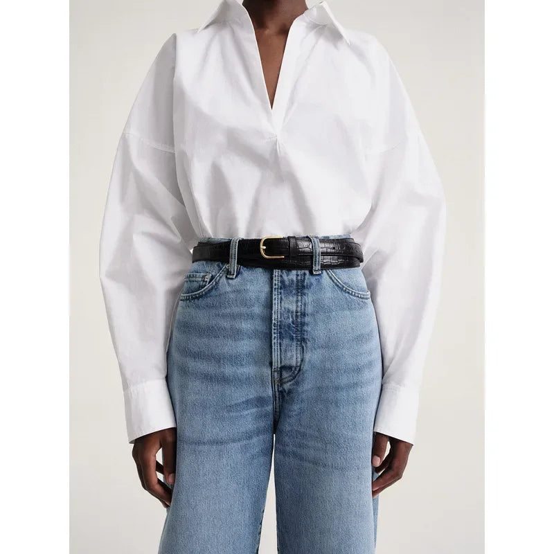 Women's Vertical Striped Shirt - Loose Long-Sleeve Button-Up Blouse with Asymmetric Hem, Office Commuter Style