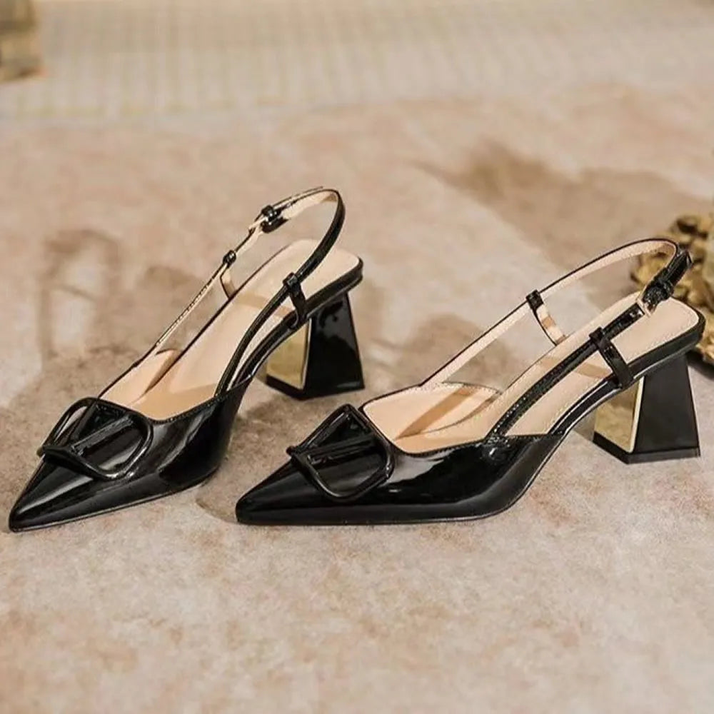 Women’s Pointed Toe Slingback Sandals – Square Mid Heel 5-8 cm (2.0-3.1 in), PU Platform Ankle Strap