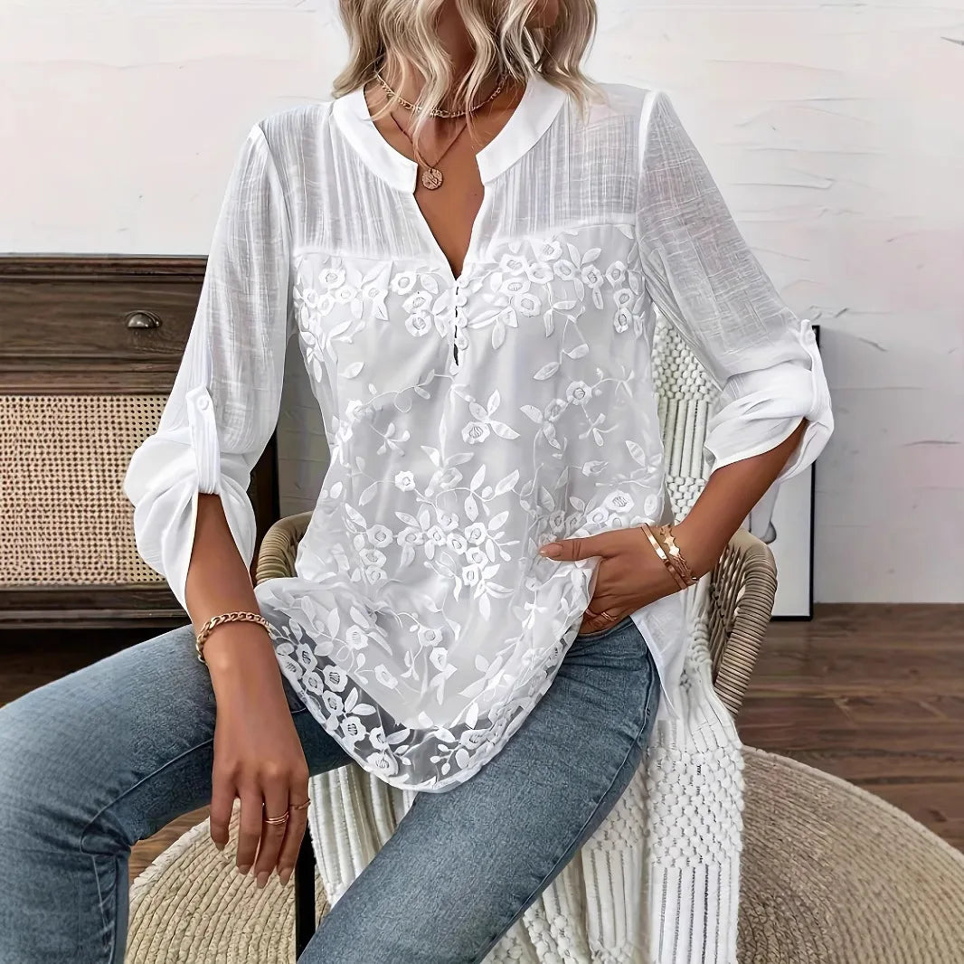 Women's White Lace V-Neck Pullover Top Hollow-Out Casual Loose Blouse for Office & Summer