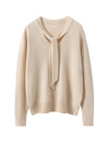 100% Cashmere Ribbon V-Neck Pullover Sweater for Women - Soft French Retro Knit Autumn/Winter
