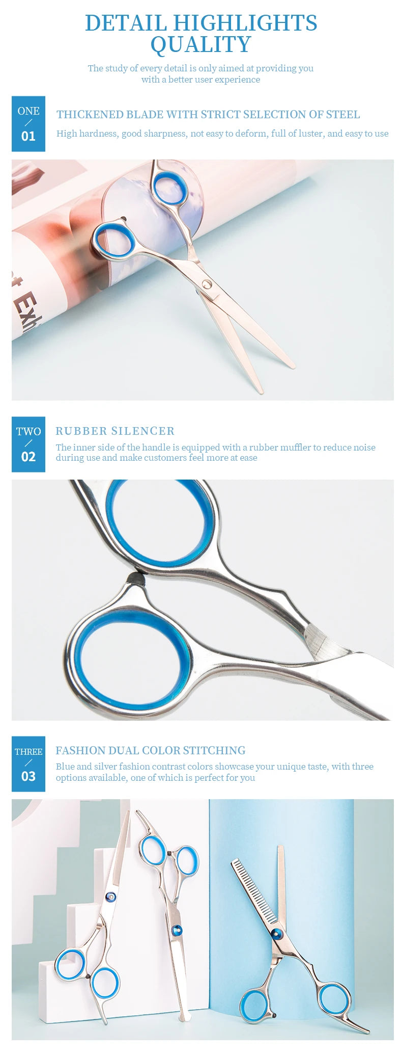 Professional Barber Hair Cutting Scissors Stainless Steel Hairdressing Shears for Salon & Home (3 Styles)